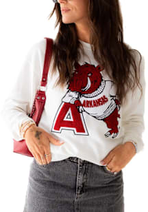 Gameday Social Arkansas Razorbacks Womens White Mascot Chenille Crew Sweatshirt