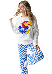 Gameday Social Kansas Jayhawks Womens White Mascot Chenille Crew Sweatshirt