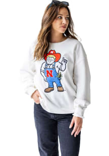 Womens Nebraska Cornhuskers White Gameday Social Mascot Chenille Crew Sweatshirt