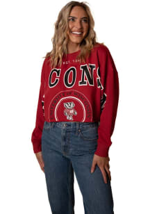 Womens Wisconsin Badgers Red Gameday Social Phipps Split Crew Sweatshirt