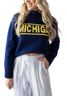 Womens Michigan Wolverines Blue Gameday Social Turtleneck Long Sleeve Sweater