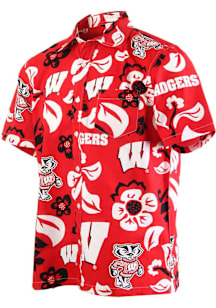Wes and Willy Wisconsin Badgers Mens Red Floral Short Sleeve Dress Shirt