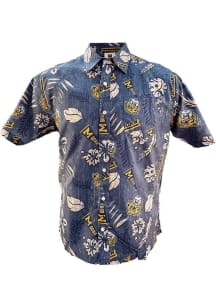Wes and Willy Michigan Wolverines Mens Navy Blue Vintage Wash Floral Short Sleeve Dress Shirt