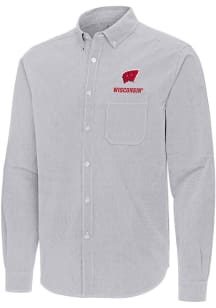 Mens Wisconsin Badgers Ash Antigua Porter Long Sleeve Dress Shirt