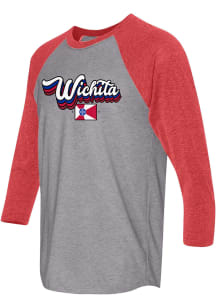 Wichita Grey Stacked Script Flag Raglan 3/4 Sleeve T Shirt