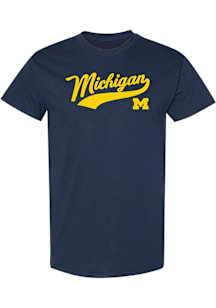 Michigan Wolverines Navy Blue Baseball Jersey Script Short Sleeve T Shirt