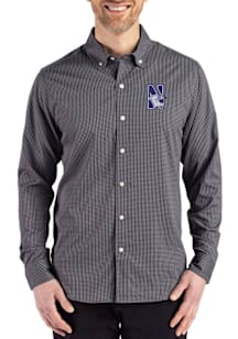 Mens Northwestern Wildcats Black Cutter and Buck Skyline Long Sleeve Dress Shirt