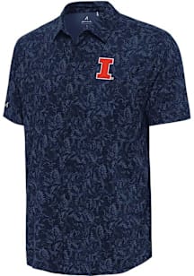 Antigua Illinois Fighting Illini Mens Navy Blue Lush Woven Short Sleeve Dress Shirt