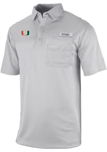 Columbia Miami Hurricanes Mens Grey Heat Seal Omni Wick Flycaster Short Sleeve Polo