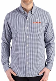 Mens Illinois Fighting Illini Navy Blue Cutter and Buck Gingham LS Woven Long Sleeve Dress Shirt