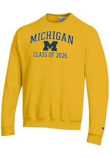 Mens Michigan Wolverines Yellow Champion Font Class of 2026 Powerblend Crew Sweatshirt