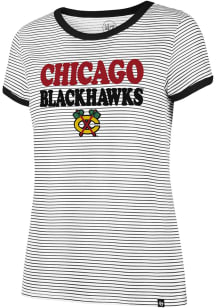 47 Chicago Blackhawks Womens White Striped Ringer Short Sleeve Crew T-Shirt