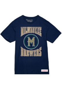 Mitchell and Ness Milwaukee Brewers Navy Blue Arched Logo Slub Short Sleeve Fashion T Shirt