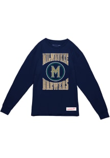 Mitchell and Ness Milwaukee Brewers Navy Blue Arched Logo Slub Long Sleeve Fashion T Shirt