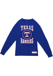 Mitchell and Ness Texas Rangers Blue Arched Logo Slub Long Sleeve Fashion T Shirt