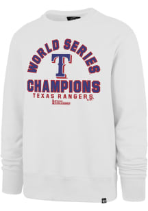 47 Texas Rangers Mens White 2023 World Series Champions Headline Long Sleeve Crew Sweatshirt