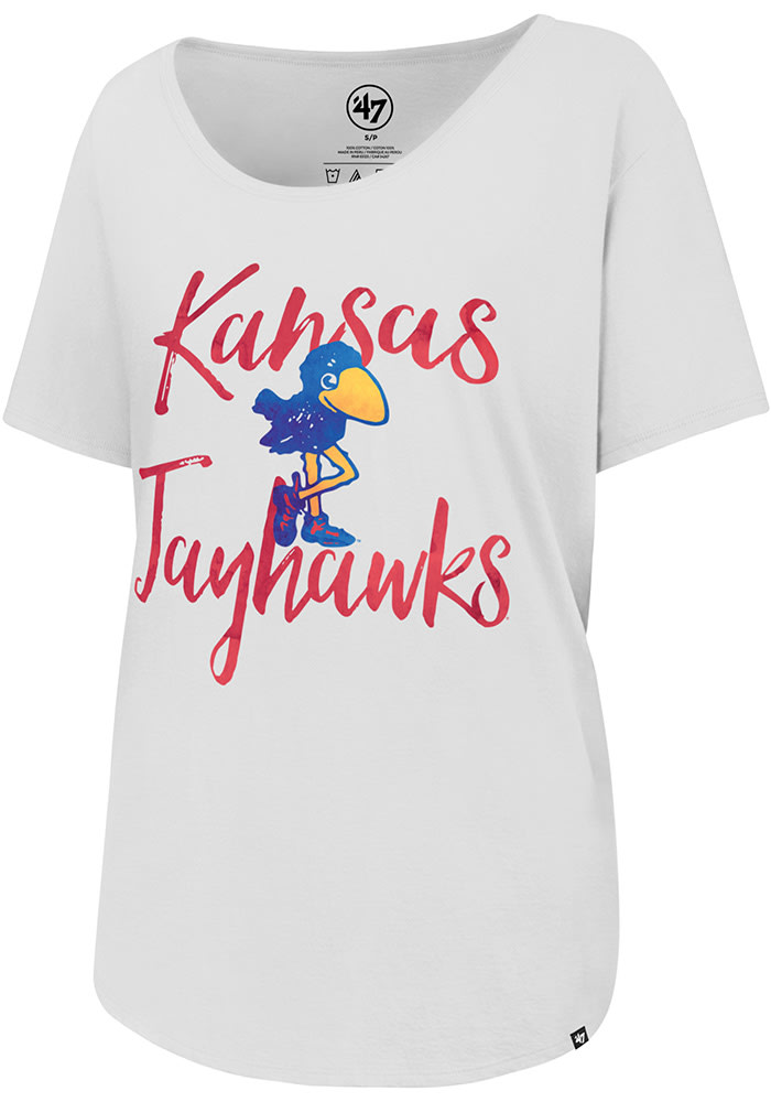 47 Kansas Jayhawks Womens White Watercolor Boyfriend Short Sleeve Scoop