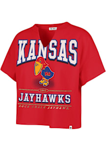 47 Kansas Jayhawks Womens Red Elation Oversized Notch Short Sleeve T-Shirt