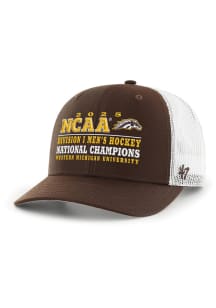47 Western Michigan Broncos 2025 NCAA Hockey Champs Trucker Adjustable Hat - Brown