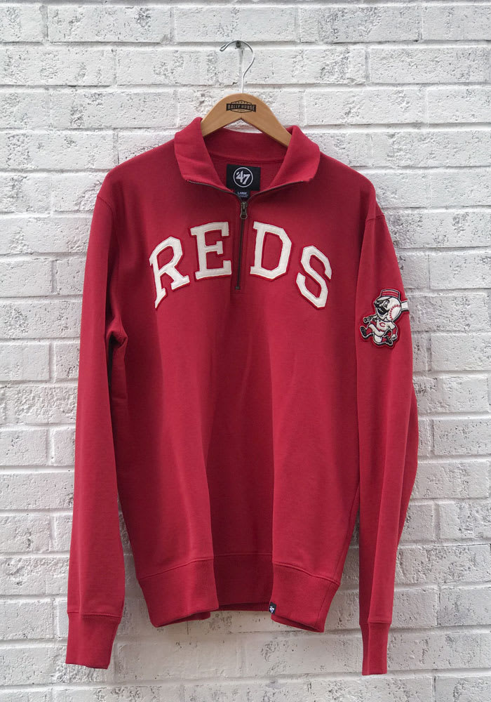 47 Cincinnati Reds Mens Red Wordmark Striker Long Sleeve 1/4 Zip Fashion Pullover