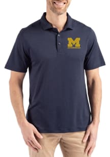 Mens Michigan Wolverines Blue Cutter and Buck Letterwinners M Club Coastline Eco Short Sleeve Polo..