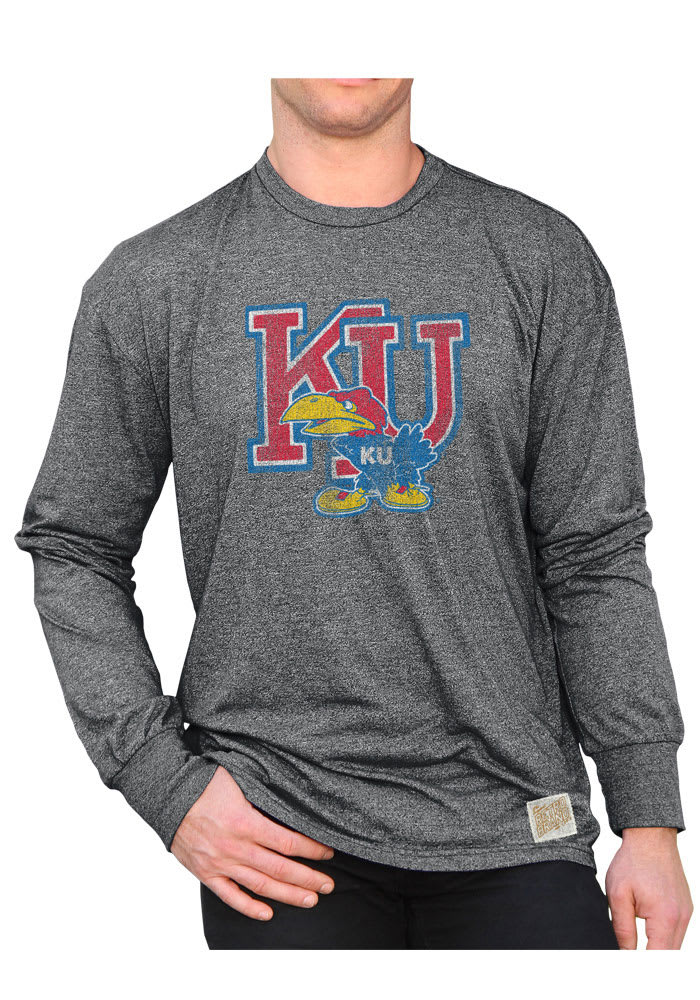 Original Retro Brand Kansas Jayhawks Charcoal KU Long Sleeve Fashion T Shirt