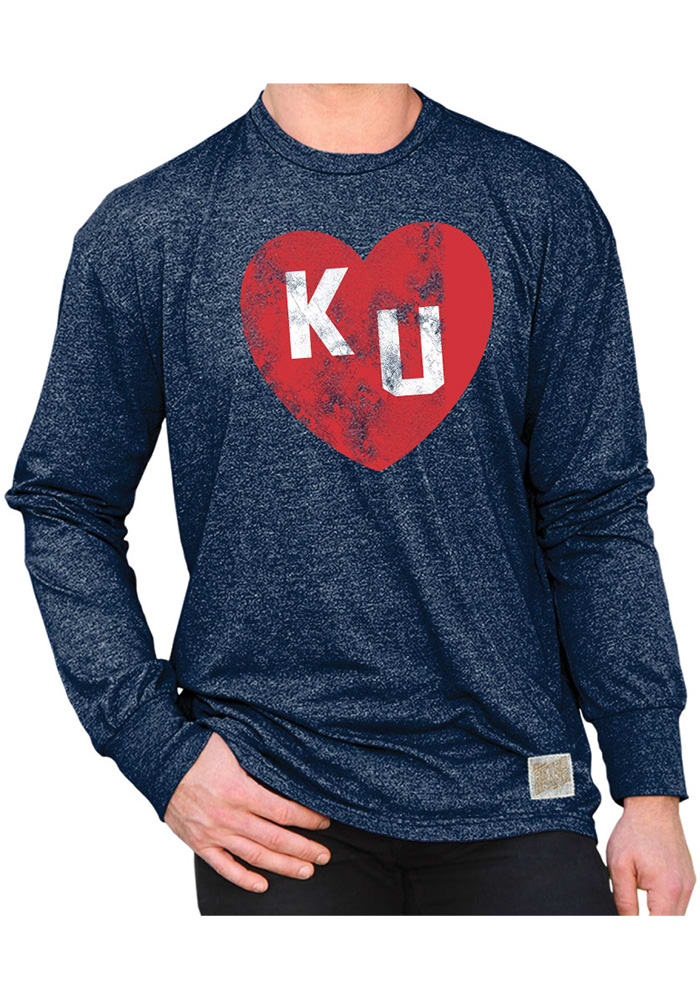 Original Retro Brand Kansas Jayhawks Navy Blue Heart Initial Long Sleeve Fashion T Shirt