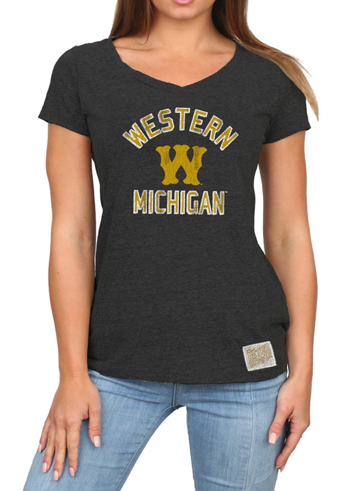 Original Retro Brand Western Michigan Broncos Womens Black Confetti V-Neck Short Sleeve T-Shirt
