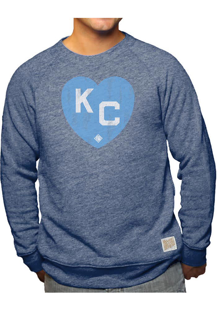 Original Retro Brand Kansas City Monarchs Mens Navy Blue Heart Kansas City Long Sleeve Fashion Sweatshirt