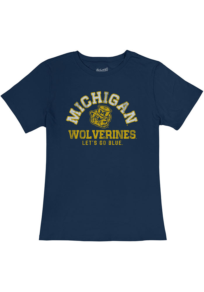 Original Retro Brand Michigan Wolverines Womens Navy Blue Vintage Short Sleeve T-Shirt