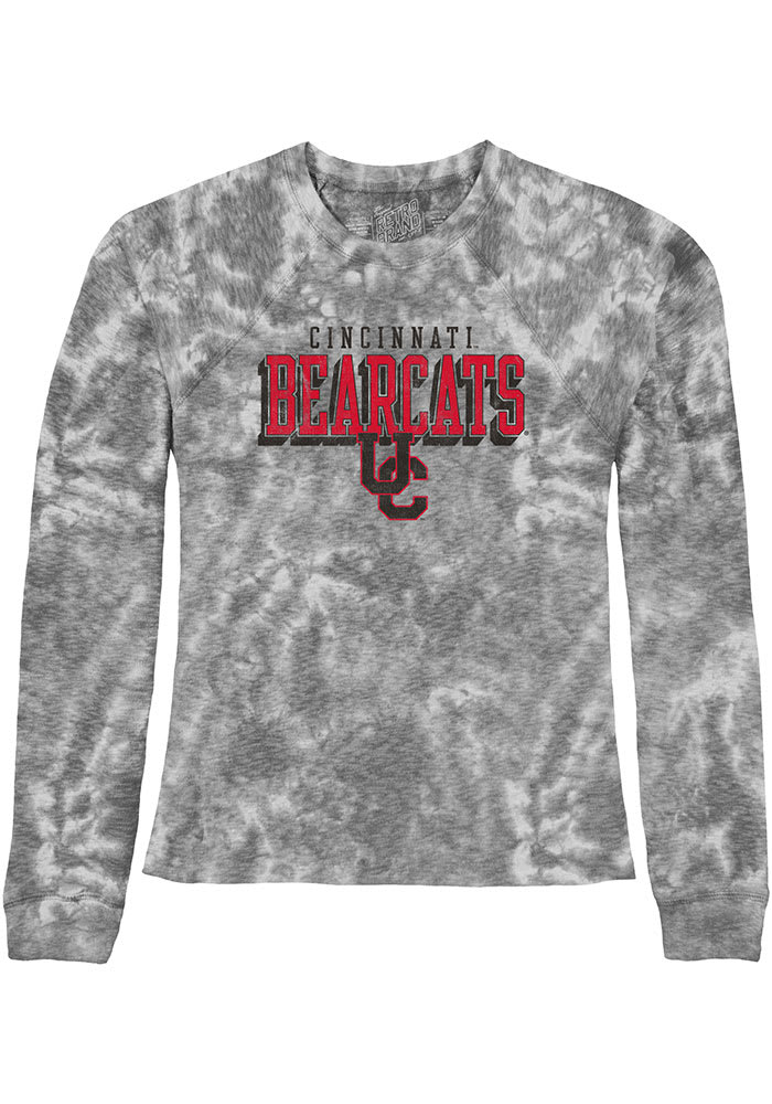 Original Retro Brand Cincinnati Bearcats Womens Grey Tie Dye Block Logo Crop Crew Sweatshirt