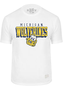 Original Retro Brand Michigan Wolverines White Flat Name Vintage Mascot Short Sleeve Fashion T Shi..