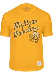 Michigan Wolverines Gold Original Retro Brand Vintage Logo Script Name Short Sleeve Fashion T Shir..