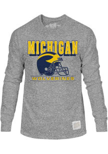 Mens Michigan Wolverines Grey Original Retro Brand Football Helmet Long Sleeve Fashion T Shirt