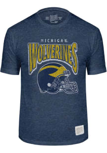Michigan Wolverines Blue Original Retro Brand Football Helmet Team Name Short Sleeve Fashion T Shi..