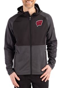 Mens Wisconsin Badgers Black Cutter and Buck Peshastin Long Sleeve Full Zip Jacket