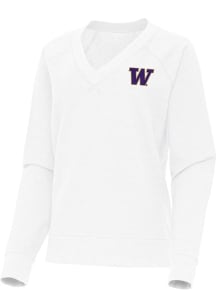Womens Washington Huskies White Antigua Varsity Crew Sweatshirt