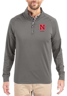 Cutter and Buck Nebraska Cornhuskers Mens Graphite Alumni Adapt Eco Knit Long Sleeve Qtr Zip Pullo..
