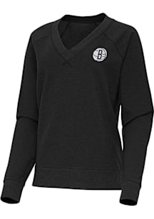 Antigua Brooklyn Nets Womens Black Varsity Crew Sweatshirt