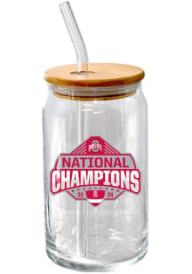 White Ohio State Buckeyes 2024 Football National Champions 16oz Glass Can w/ Bamboo Lid Pint Gla..