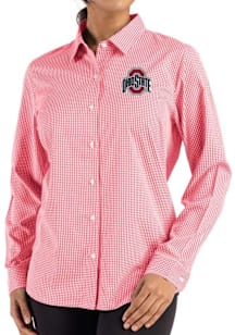 Cutter and Buck Ohio State Buckeyes Womens Epic Confidence Gingham Long Sleeve Red Dress Shirt