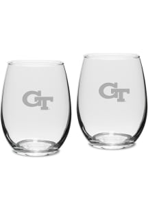 GA Tech Yellow Jackets Hand Etched Crystal 15oz Set Stemless Wine Glass