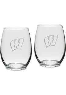 Wisconsin Badgers Hand Etched Crystal 15oz Set Stemless Wine Glass