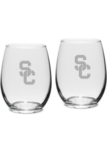 USC Trojans Hand Etched Crystal 15oz Set Stemless Wine Glass