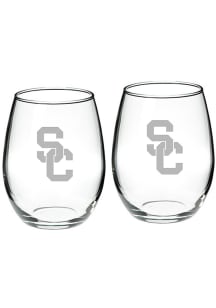 USC Trojans Hand Etched Crystal 22oz Set Stemless Wine Glass