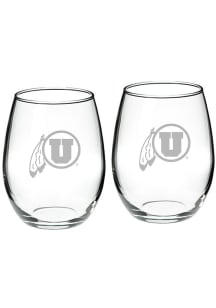 Utah Utes Hand Etched Crystal 22oz Set Stemless Wine Glass
