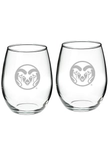 Colorado State Rams Hand Etched Crystal 22oz Set Stemless Wine Glass