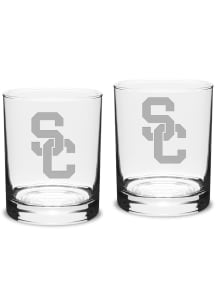 USC Trojans Hand Etched Crystal 14oz Double Old Fashioned Set Rock Glass