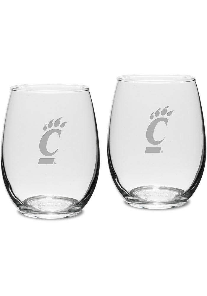 Cincinnati Bearcats Hand Etched Crystal Set of 2 15oz Stemless Wine Glass