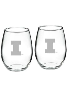 Illinois Fighting Illini Hand Etched Crystal Set of 2 22oz Stemless Wine Glass